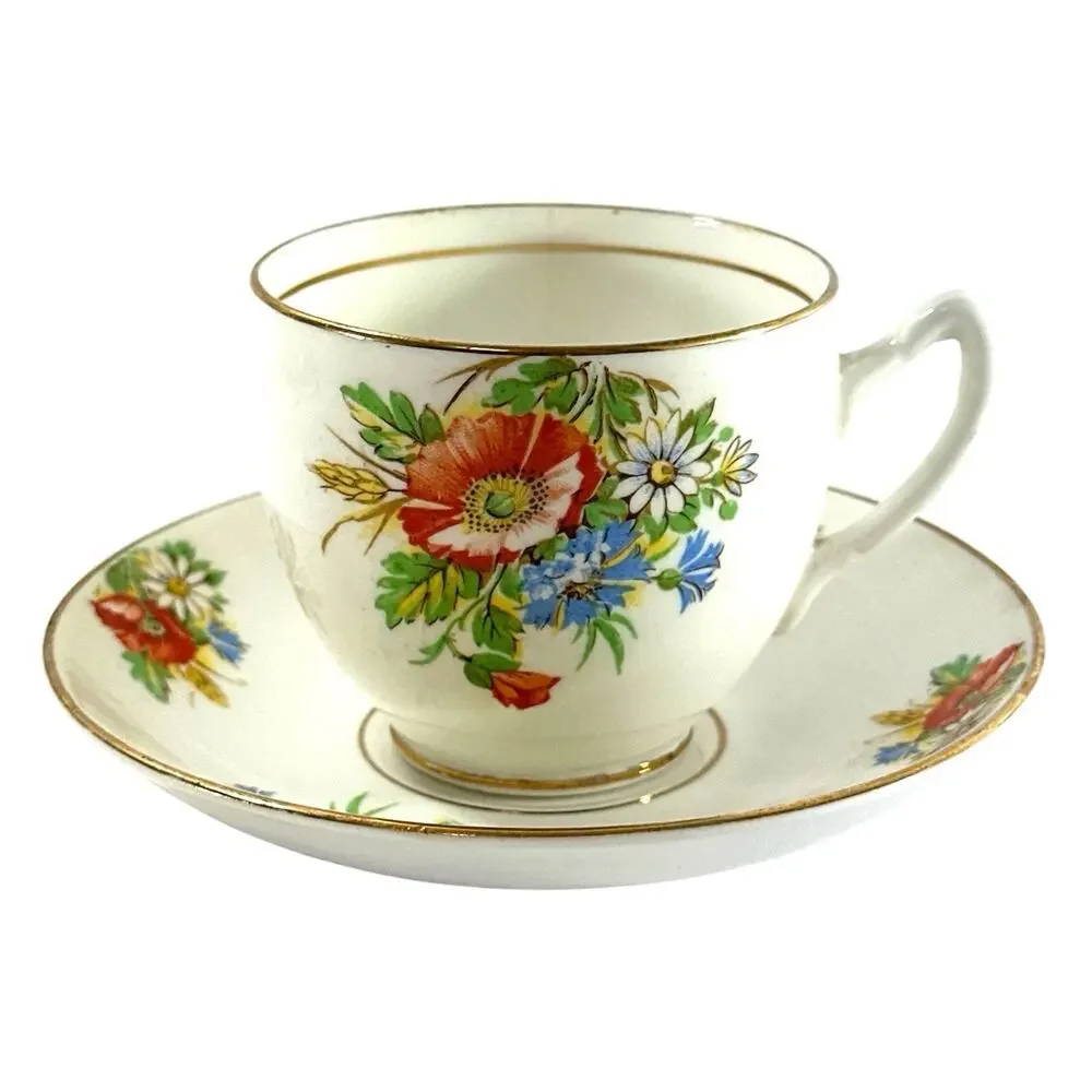 Duchess Bone China England Teacup Saucer Set Wildflower Poppy Gold Trim